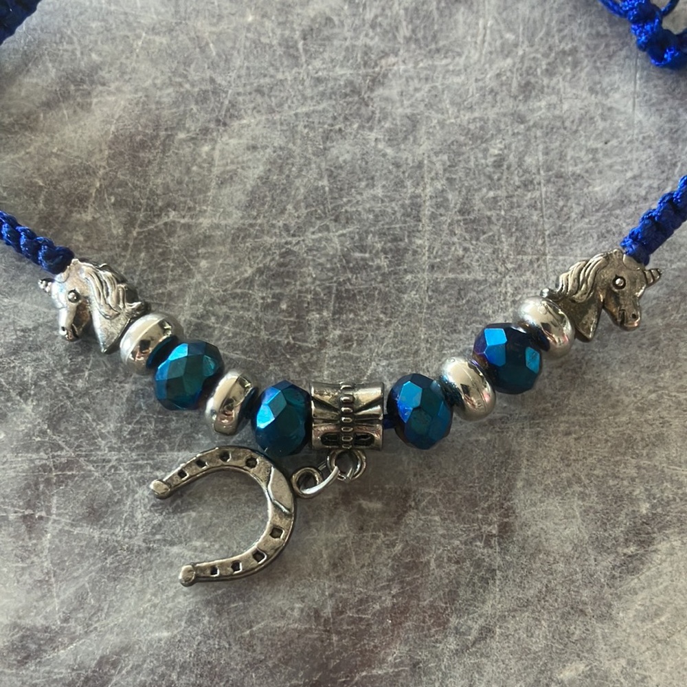 Silver and Blue Beaded Bracelet with Horseshoe Charm